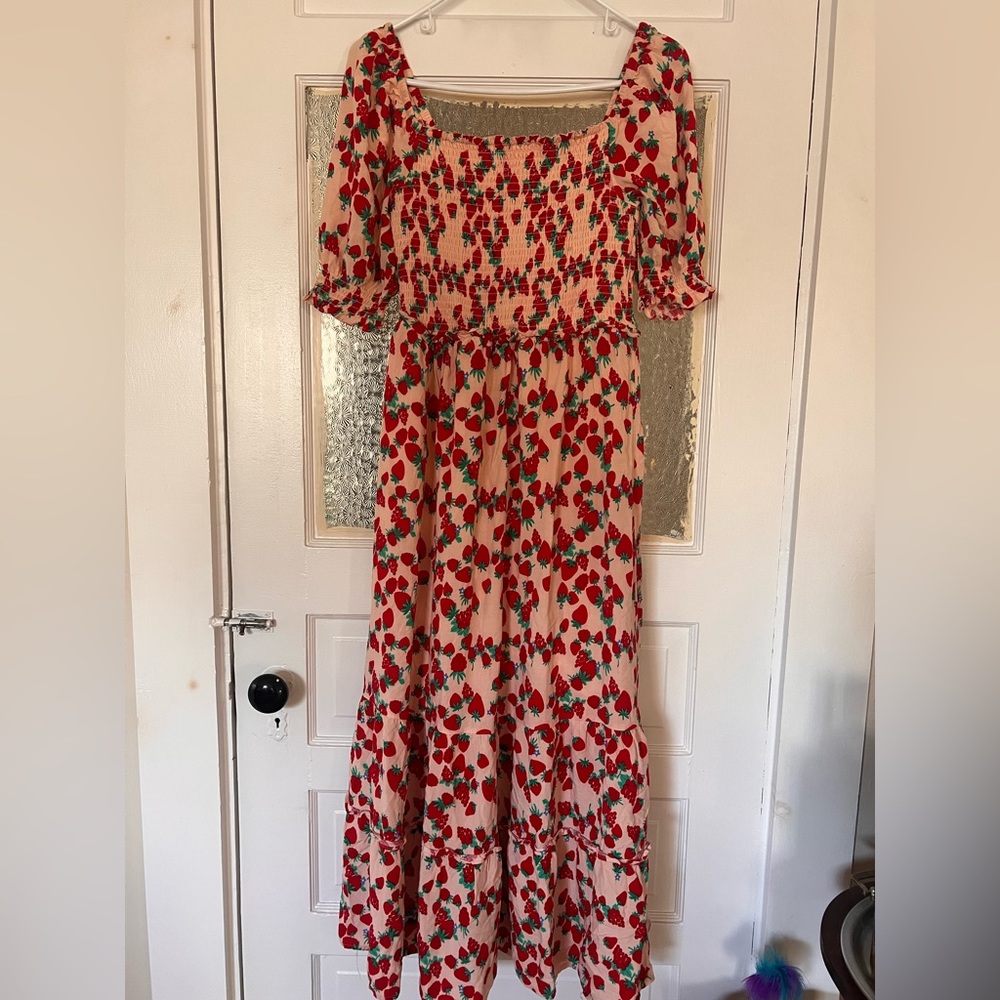 Betsey Johnson Strawberry Fields Smocked Pink Maxi Midi Dress Small